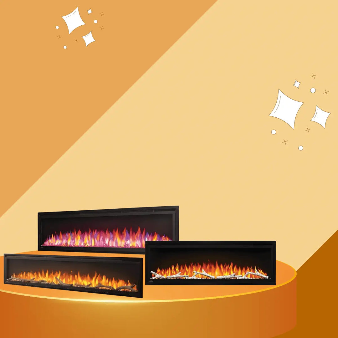 Napoleon Entice Series linear electric fireplace collection with modern black frames, vibrant orange flames, and realistic log media.