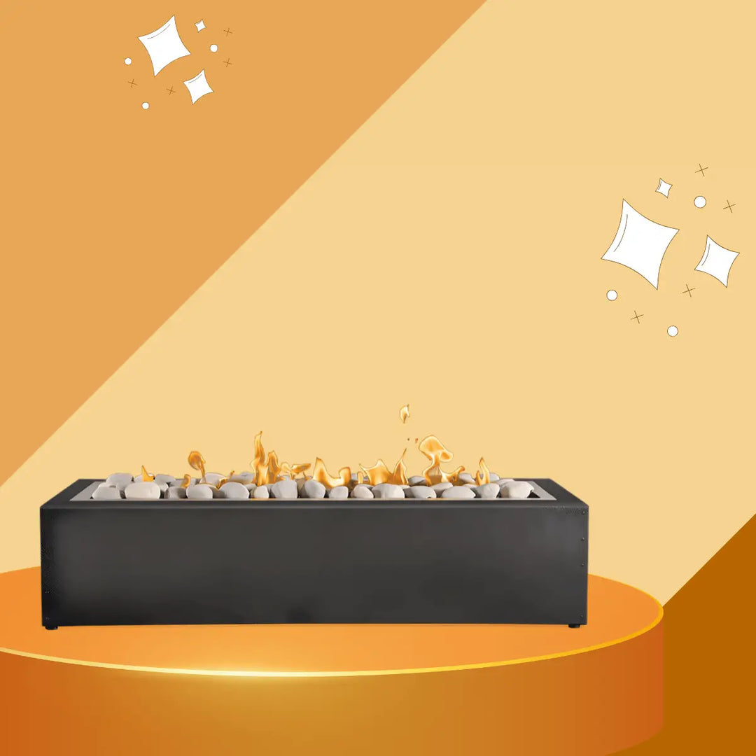 Napoleon fire pit collection featuring a modern rectangular gas fire pit with white decorative stones and bright flames.