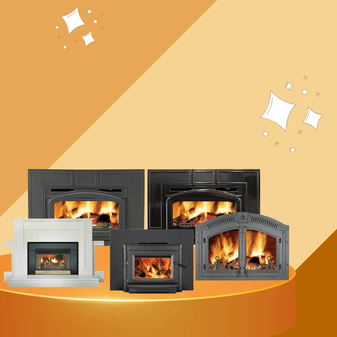 Napoleon fireplace inserts collection featuring multiple wood-burning and gas fireplace inserts with realistic flames, decorative fronts, and high-efficiency heating for modern home interiors
