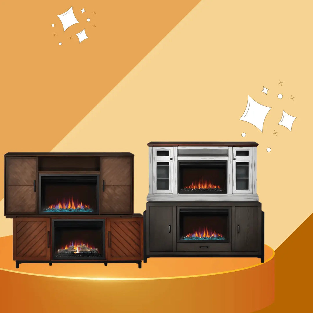 Napoleon fireplace TV stands collection featuring electric fireplaces integrated into stylish media consoles with storage cabinets, modern designs, and realistic flame effects for living rooms