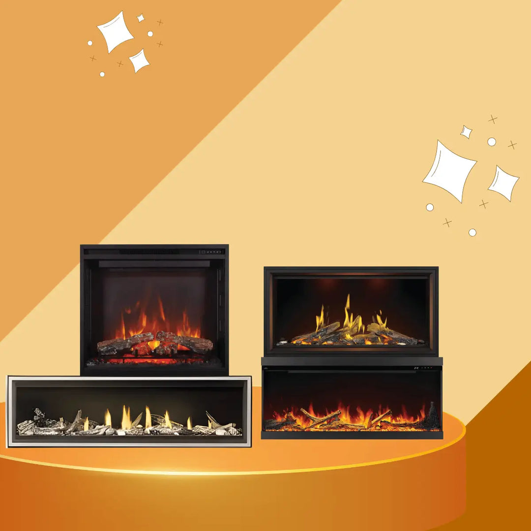 Napoleon fireplaces collection featuring modern electric and gas fireplaces with realistic flames, log sets, and linear designs.