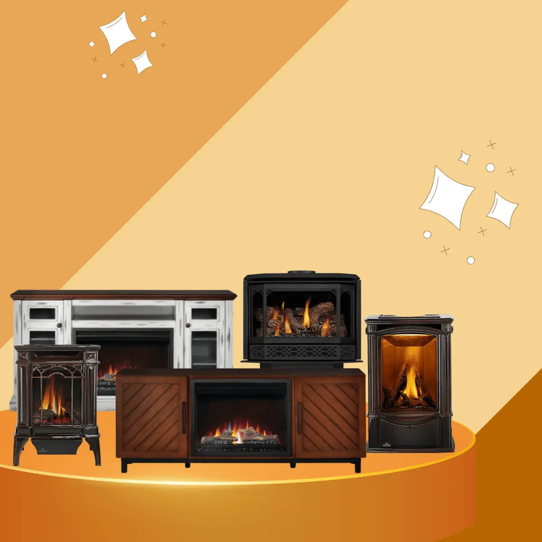 Napoleon freestanding fireplaces collection featuring electric and gas fireplace units, stylish media consoles, and classic stove designs with realistic flames for modern home heating and décor