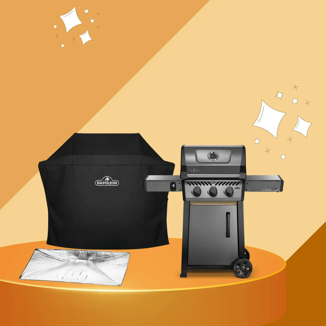 Napoleon Freestyle gas grill with three burners, side shelves, grill cover, and drip tray accessory