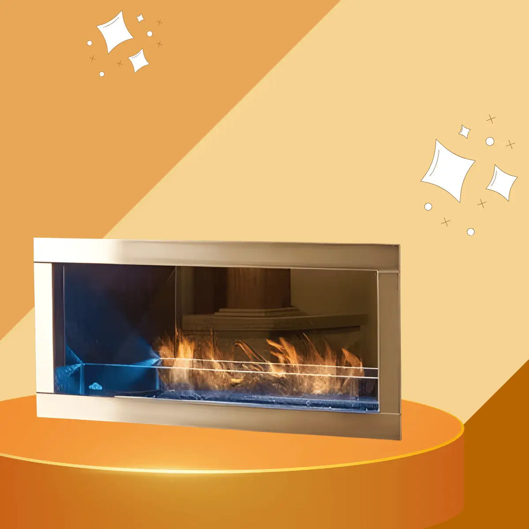 Napoleon Galaxy Series modern linear fireplace with realistic orange flames and sleek brushed metal frame on a contemporary display.