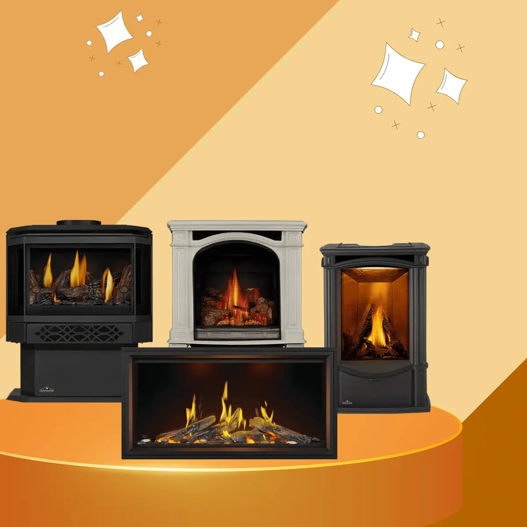 Napoleon gas fireplaces collection featuring modern linear fireplace, freestanding gas stove, and traditional mantel gas fireplace with flames.