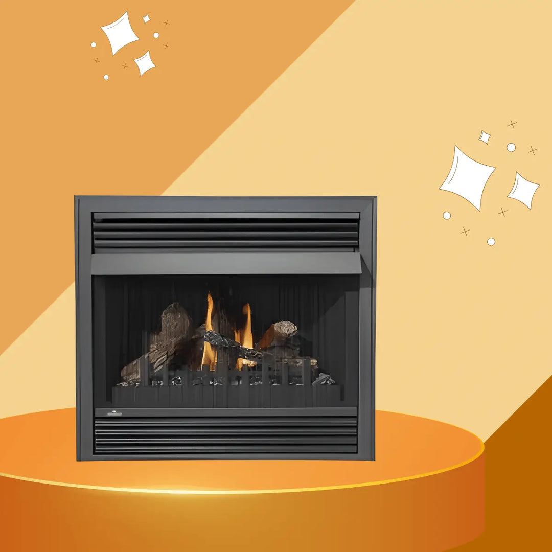 Napoleon Grandville VF Series gas fireplace with realistic log set and natural flame display.