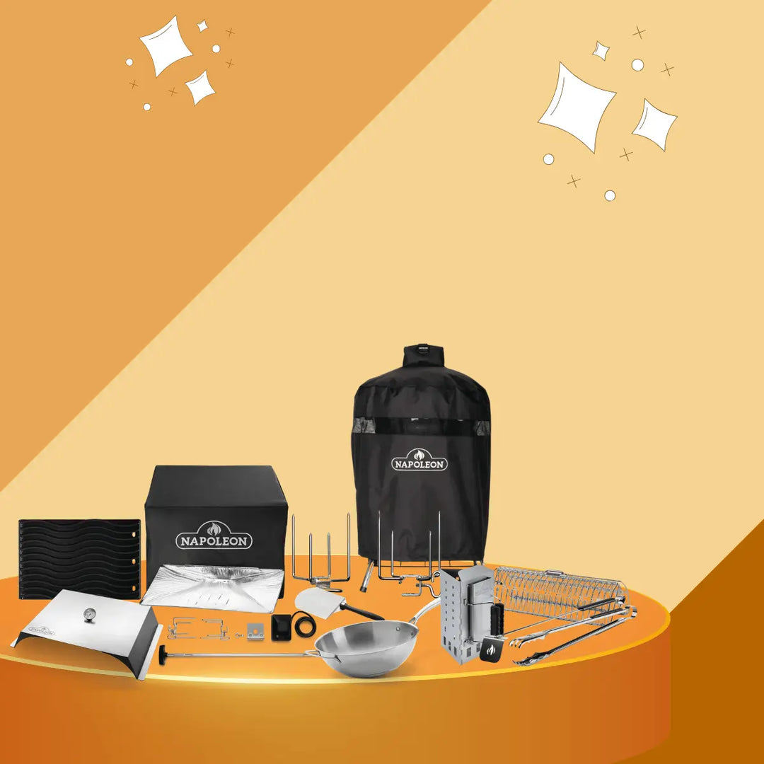 Napoleon grill accessories collection featuring rotisserie kits, grill covers, smoker boxes, cooking tools, and outdoor BBQ accessories for enhanced grilling performance