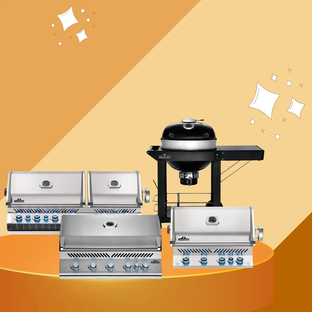 Napoleon grills collection featuring stainless steel gas grills and charcoal kettle grill with multiple burners, built-in and freestanding designs for outdoor BBQ cooking