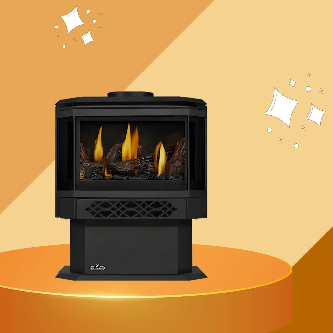 Napoleon Haliburton direct vent gas stove with three-sided glass and realistic log flames.