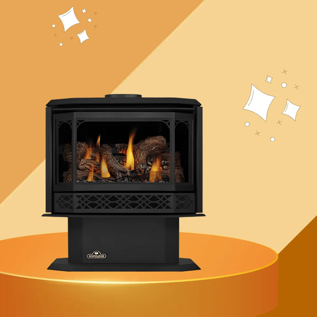 Napoleon Havelock Series cast iron wood stove with pedestal base, large glass viewing window and burning logs