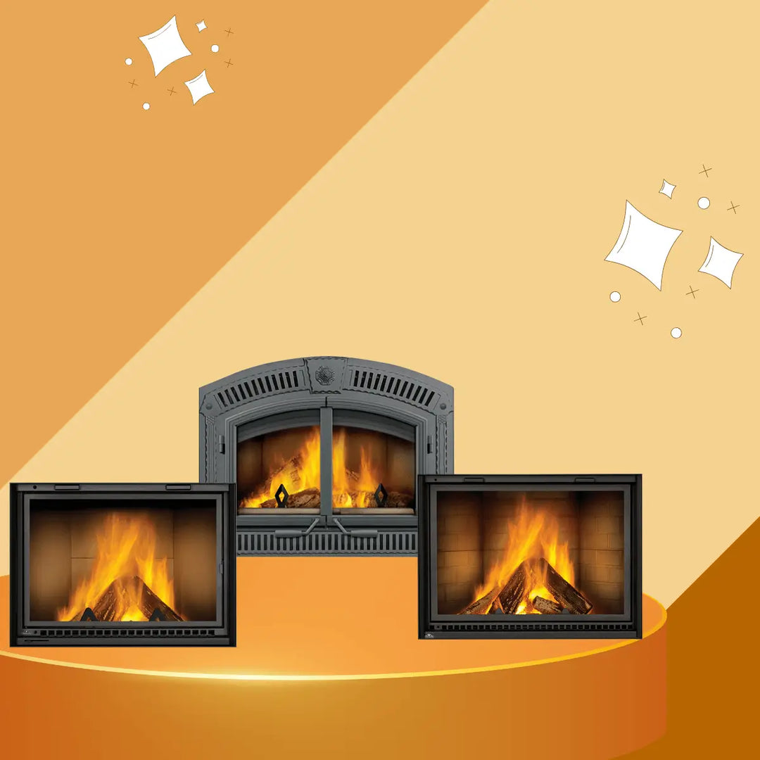 Napoleon High Country Series wood fireplaces collection with large glass viewing windows and real wood flames.