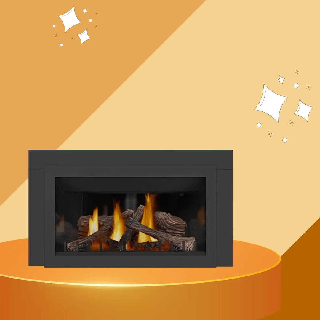 Napoleon Inspiration gas millivolt fireplace insert with realistic log set and natural flame display.