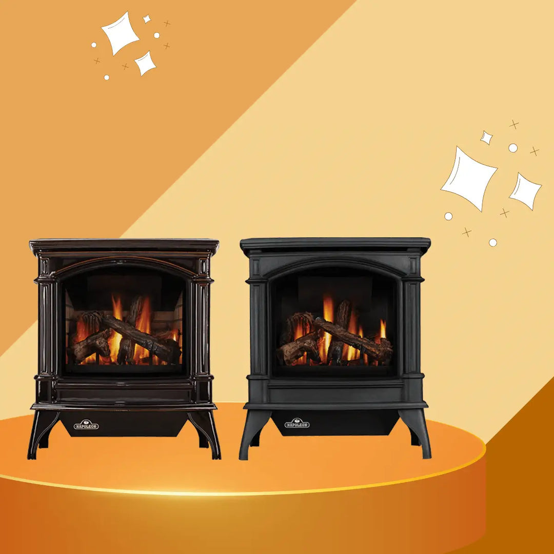 Napoleon Knightsbridge direct vent gas stove collection with realistic log flames and cast iron design.