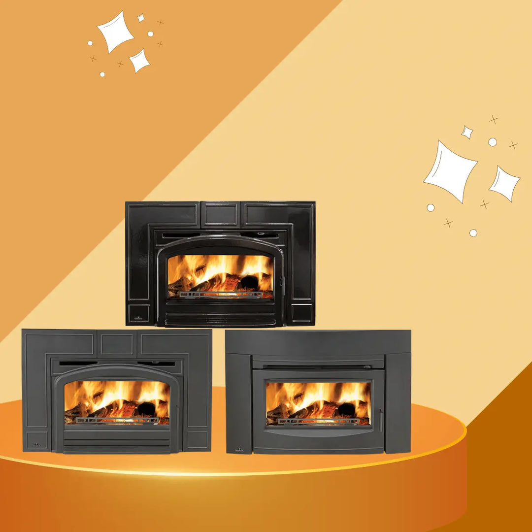 Napoleon Oakdale wood fireplace inserts collection with cast iron surrounds and burning wood logs.