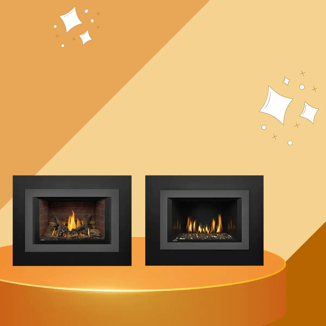 Napoleon Oakville Series direct vent gas fireplace inserts collection with modern black frames and realistic flames.