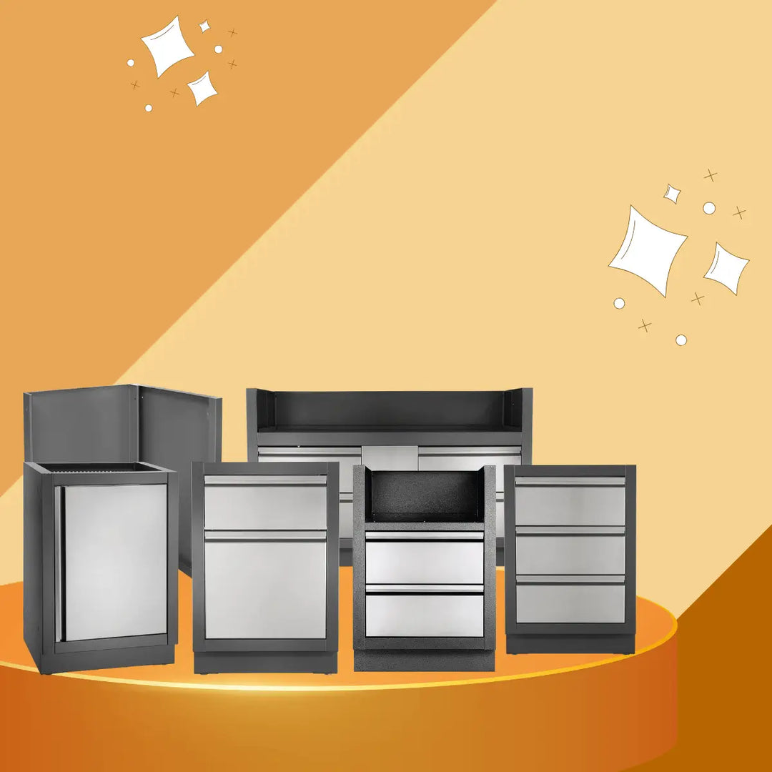Napoleon Oasis modular outdoor kitchen components collection featuring stainless steel cabinets, drawers, storage units, and built-in modules for customizable BBQ island setups