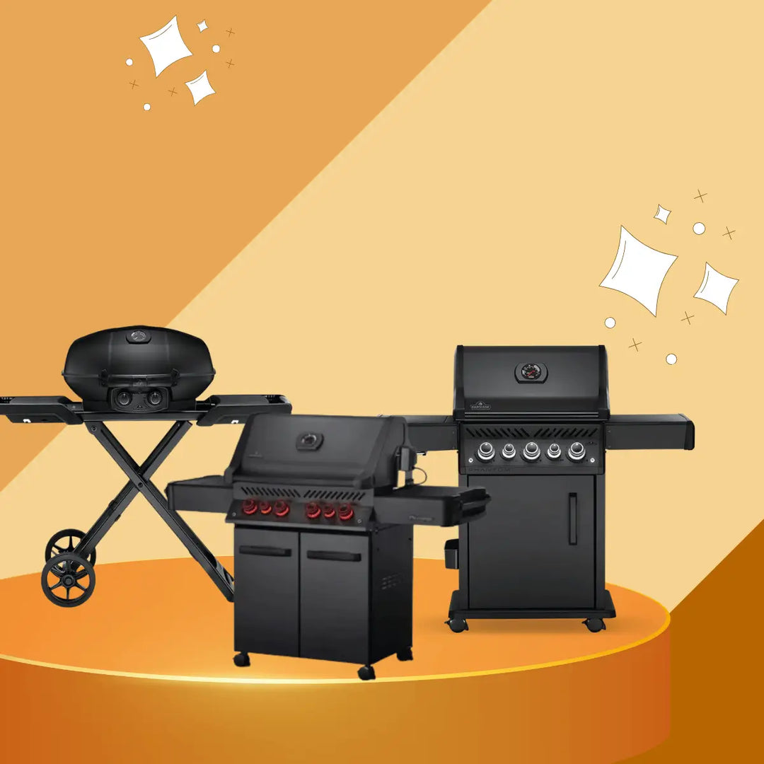 Napoleon Phantom Series gas grills collection featuring matte black freestanding BBQ grills and portable grill units with modern design, side shelves, and high-performance outdoor cooking features