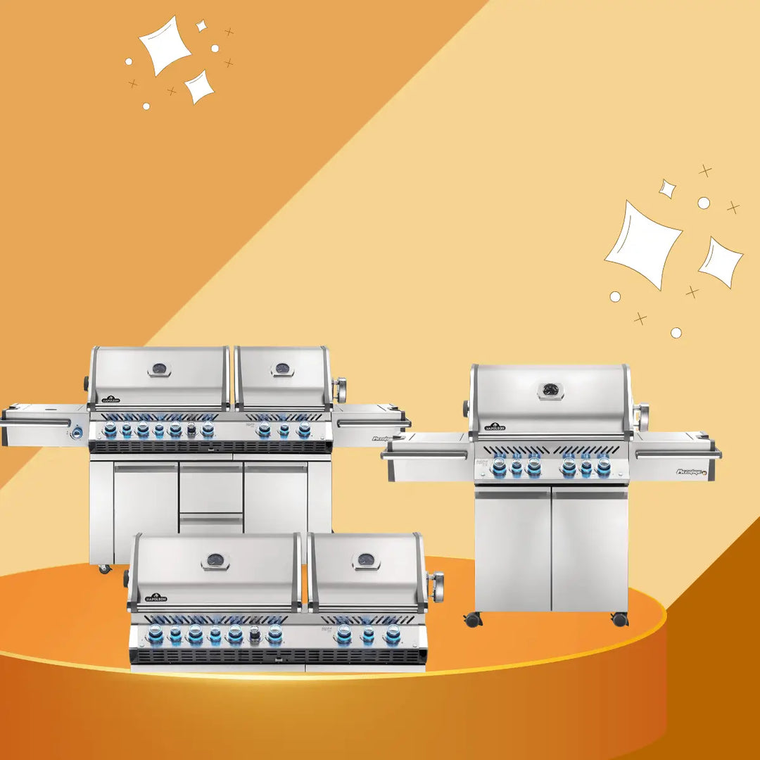 Napoleon Prestige PRO Series stainless steel gas grills collection with LED knobs and premium outdoor cooking features.