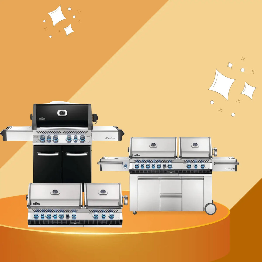 Napoleon Prestige Series gas grills collection featuring stainless steel and black freestanding and built-in BBQ grills with multiple burners, side shelves, and modern outdoor cooking design