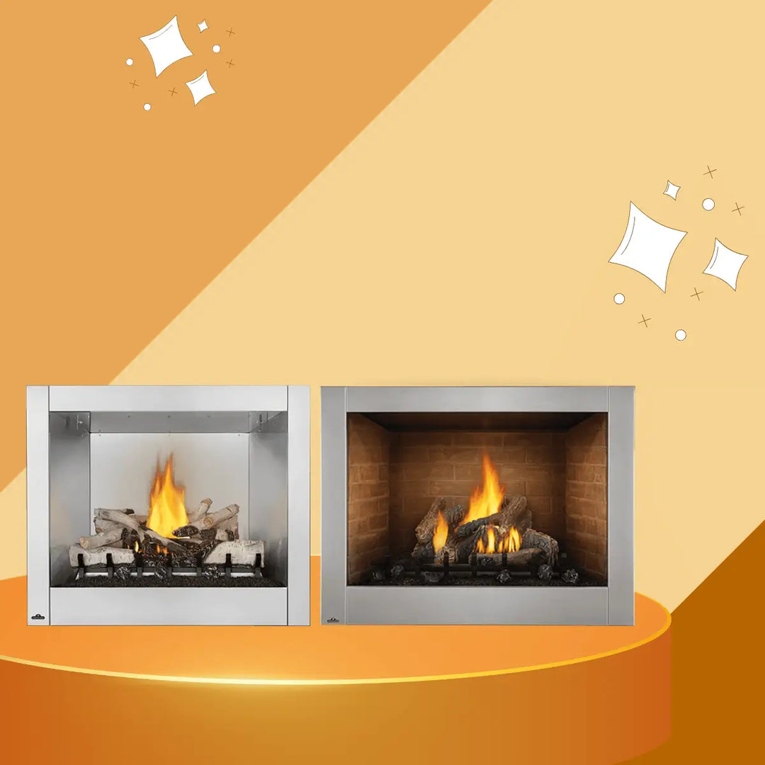 Napoleon Riverside Series outdoor gas fireplaces collection with stainless steel frames and realistic log flames.