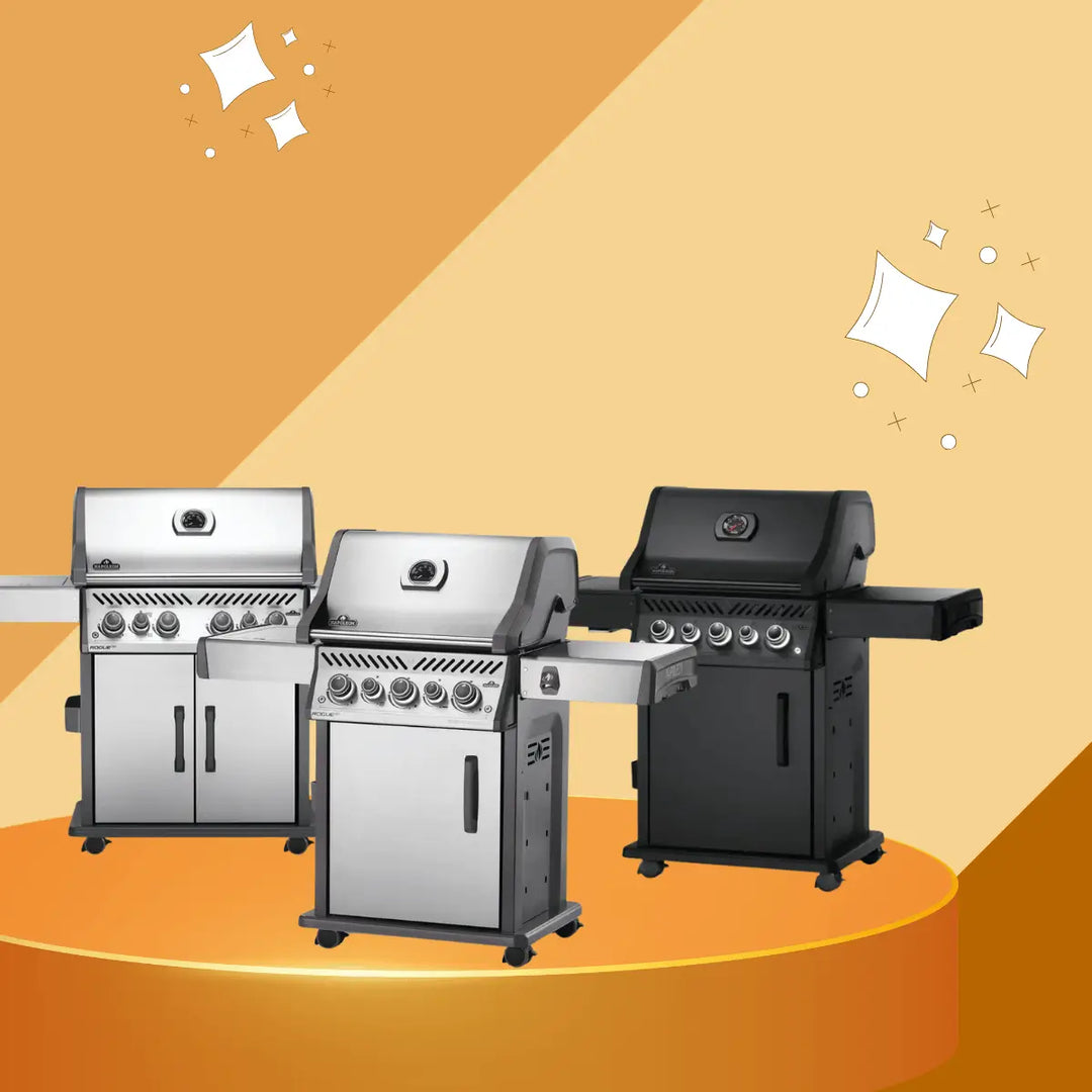 Napoleon Rogue SE grill collection featuring stainless steel and black freestanding gas BBQ grills with side shelves, multiple burners, and premium outdoor cooking performance