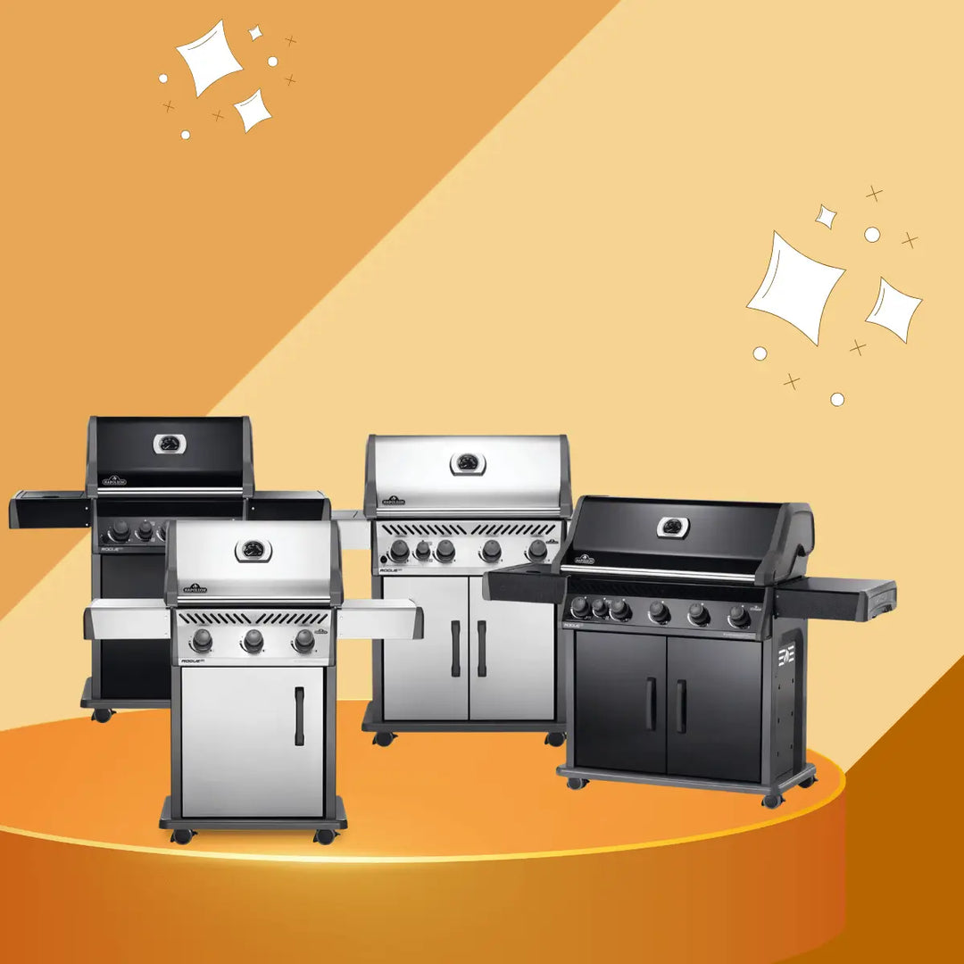 Napoleon Rogue XT grill collection featuring stainless steel and black freestanding gas BBQ grills with multiple burners, side shelves, and durable outdoor cooking design