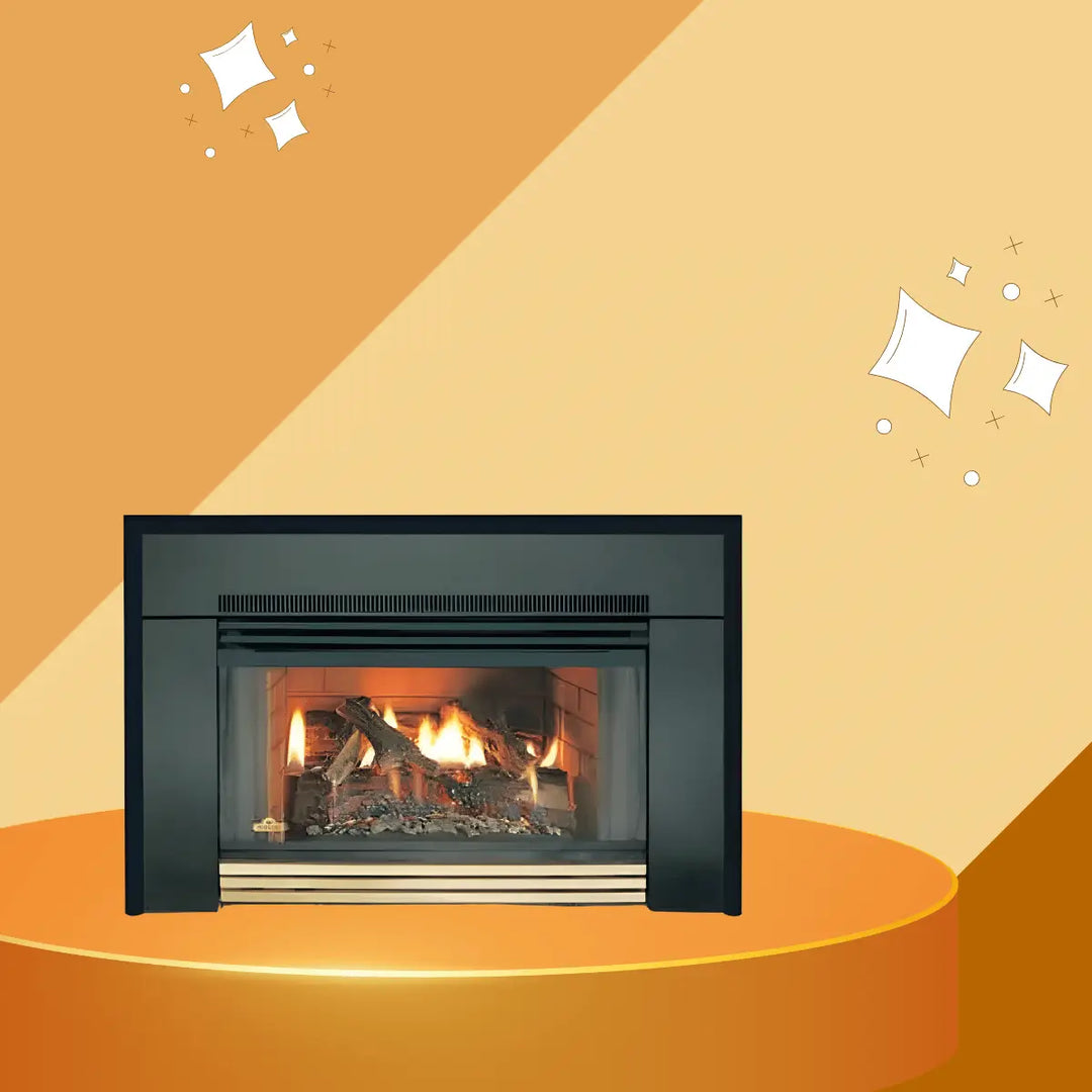 Napoleon Roxbury Series gas fireplace insert with realistic log set and brick-style firebox.