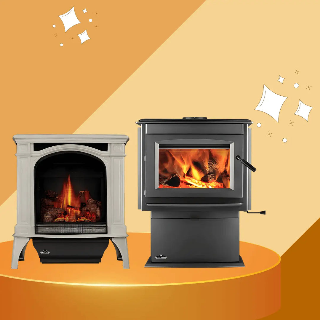 Napoleon S25 Series wood stove collection featuring traditional enamel and modern black pedestal wood-burning stoves with glowing fire.