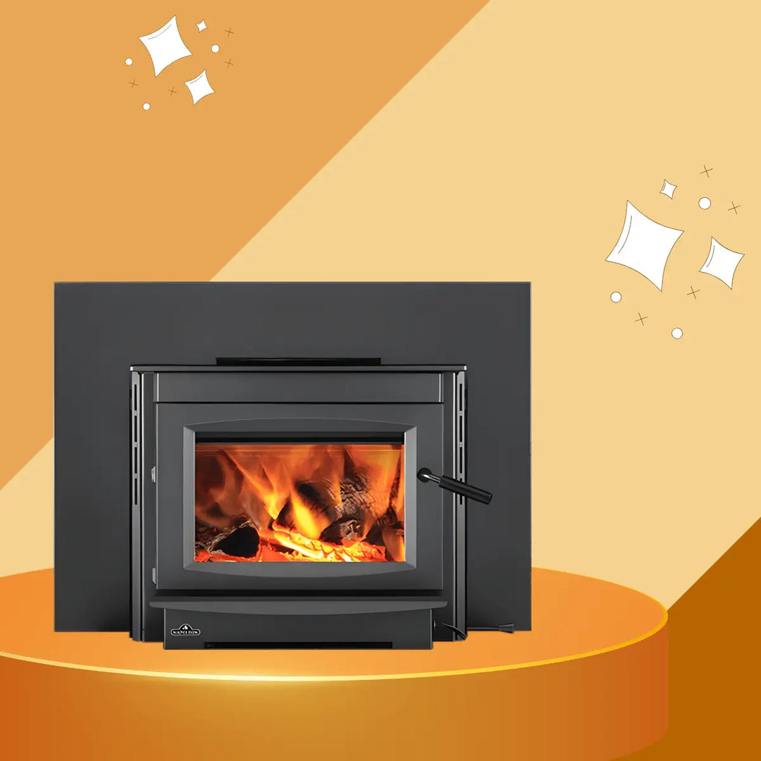 Napoleon S Series wood fireplace insert with black steel surround and burning log fire.