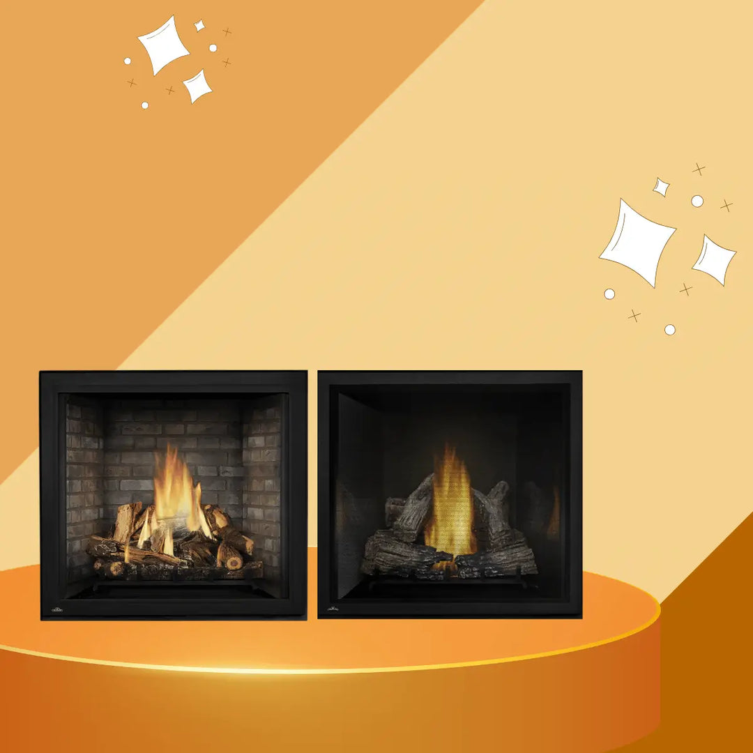 Napoleon Starfire Series gas fireplaces collection with realistic log flames and modern black frames.