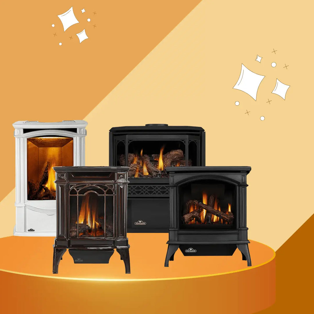 Napoleon stoves collection featuring freestanding gas and wood stoves with realistic flames, classic cast iron designs, and high-efficiency heating for stylish home interiors