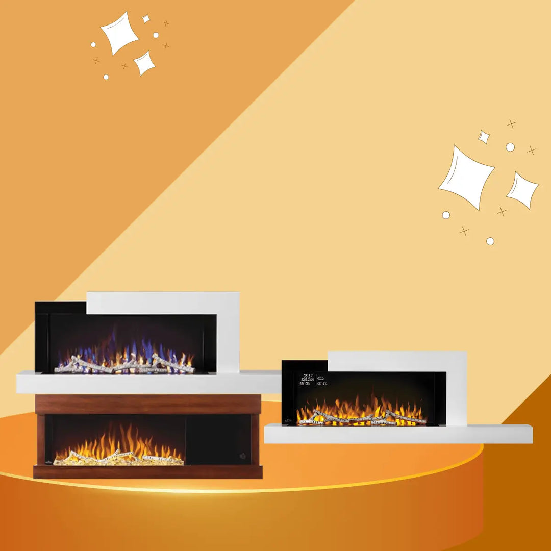 Napoleon Stylus Cara Series wall-mounted electric fireplace with floating mantel shelf, realistic flames, and birch log media.