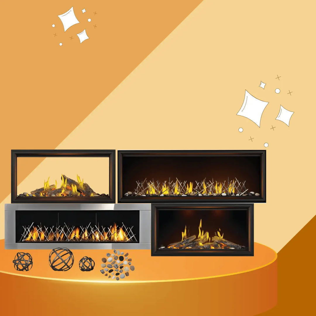 Napoleon Tall Linear Vector Series fireplaces collection featuring modern linear gas fireplaces with sleek glass fronts, decorative media, and contemporary flame displays for luxury home interiors