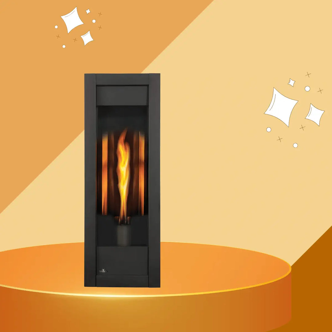 Napoleon Torch vent free gas fireplace with tall slim design and dramatic vertical flame.