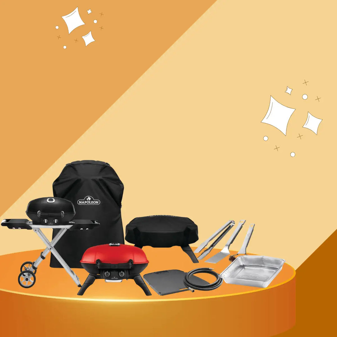 Napoleon TravelQ portable gas grills and accessories including grill stand, covers, grilling tools, hose, and drip tray