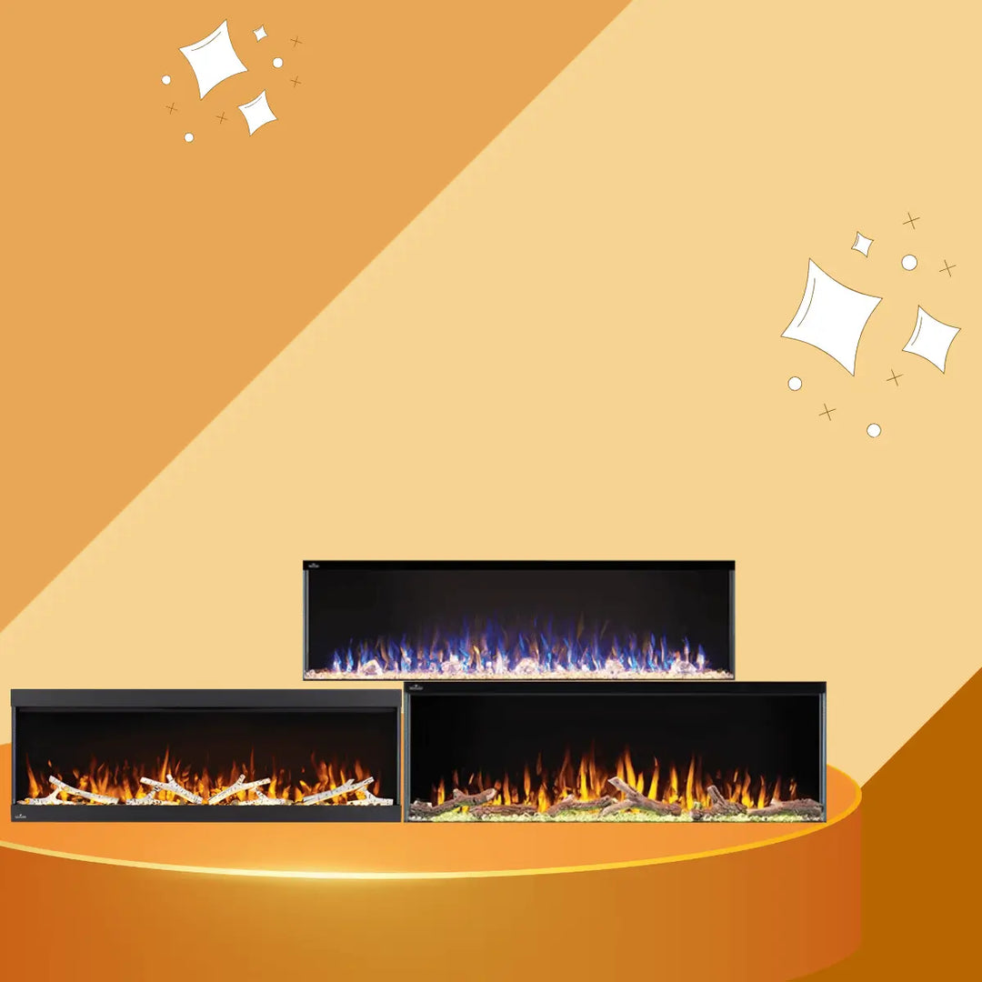 Napoleon Trivista Series Collection modern electric fireplaces featuring blue and orange flames with decorative logs and crystal media on a stylish display.