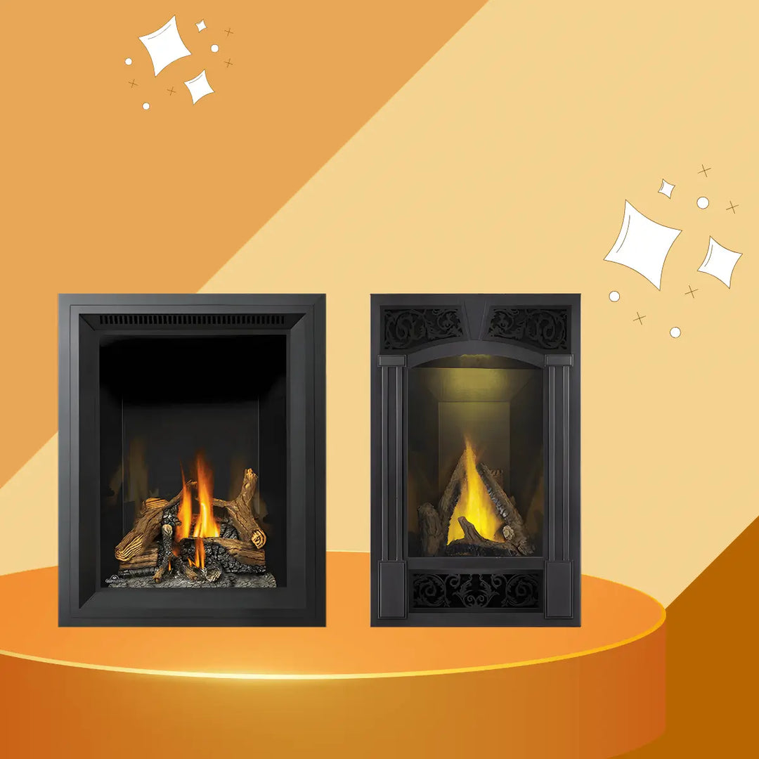 Napoleon Vertical Series direct vent gas fireplaces with modern and ornate vertical fireplace designs.