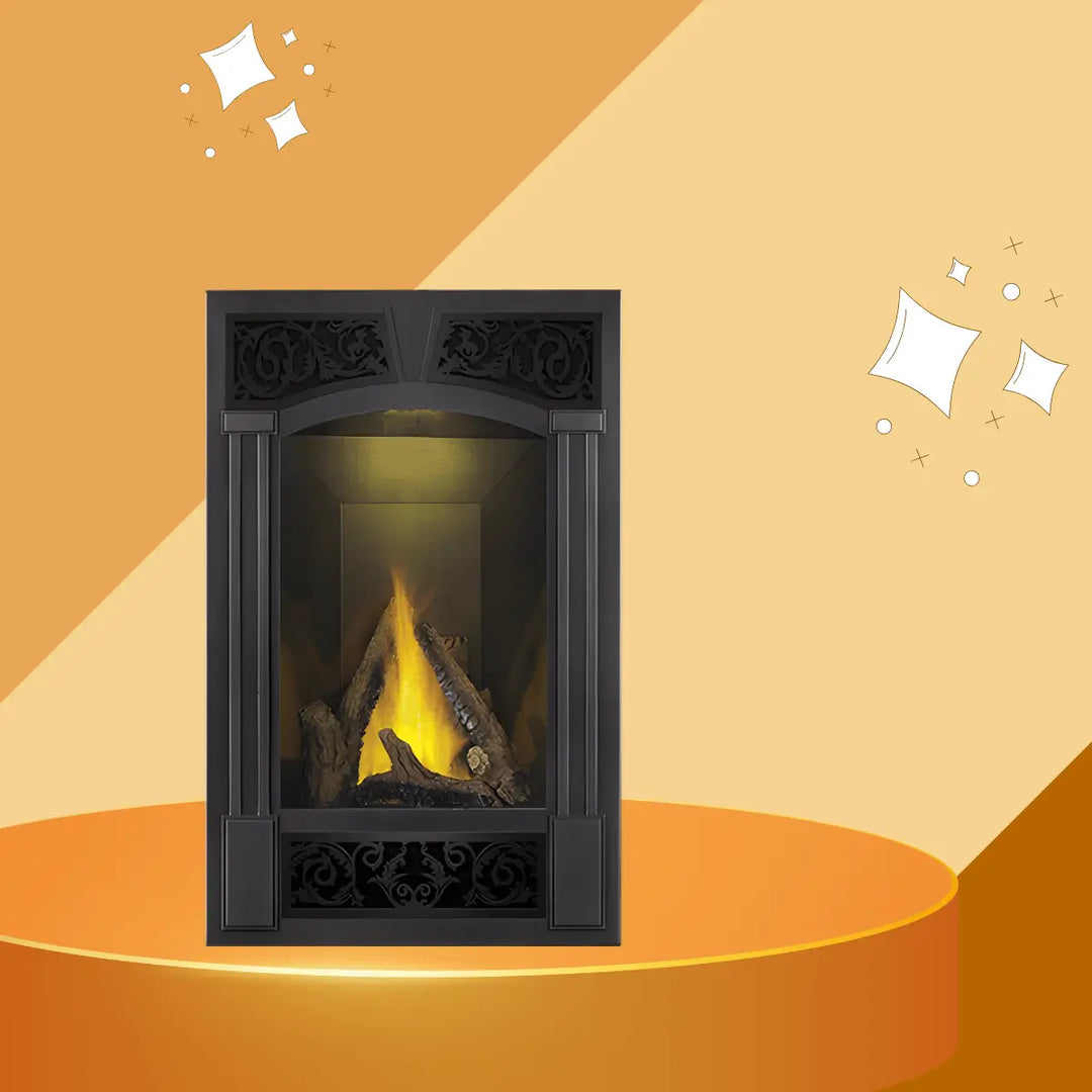 Napoleon Vittoria gas fireplace with ornate black surround and realistic log flame display.