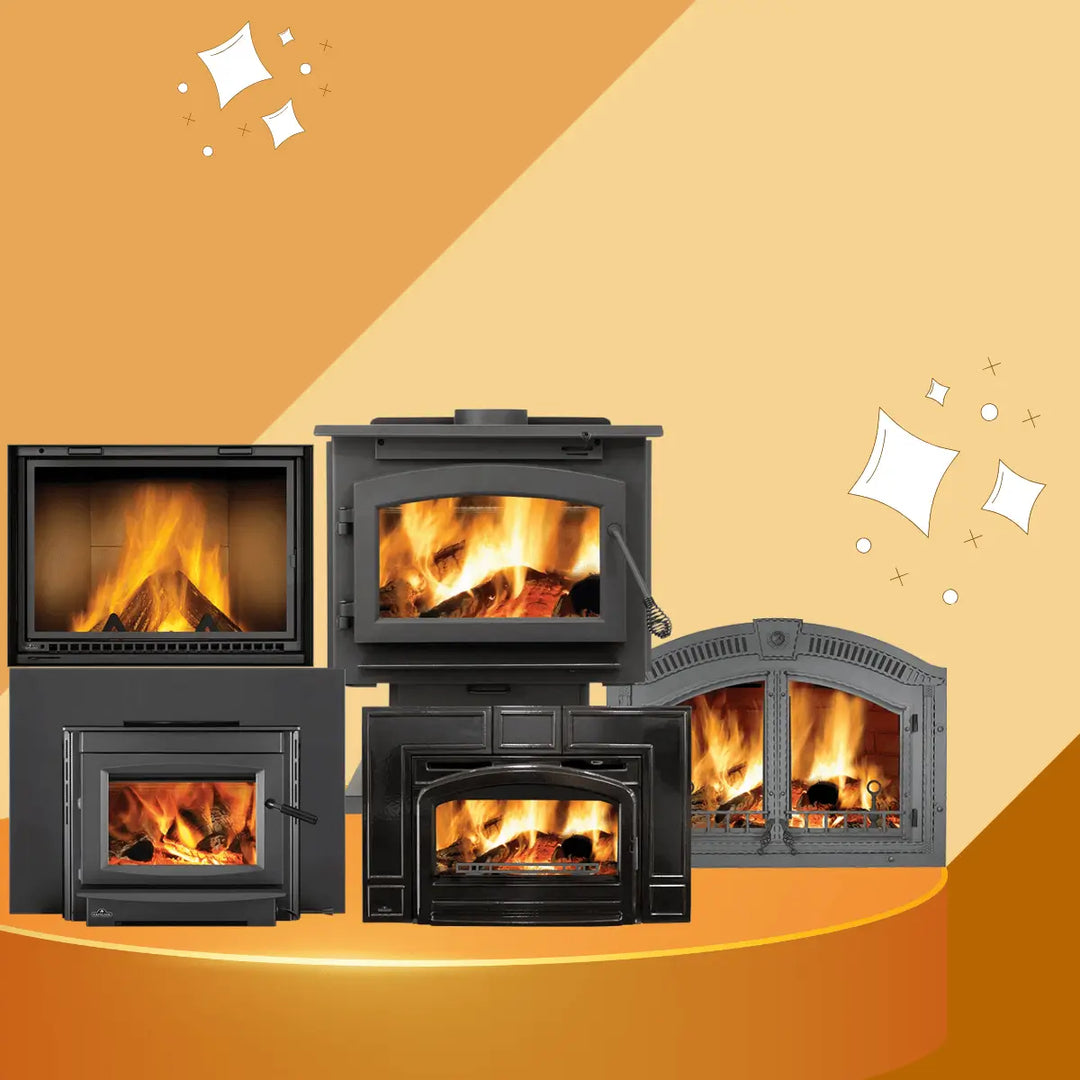 Napoleon wood burning fireplaces collection featuring multiple high-efficiency wood stoves and fireplace inserts with visible flames, designed for cozy home heating and modern rustic interiors