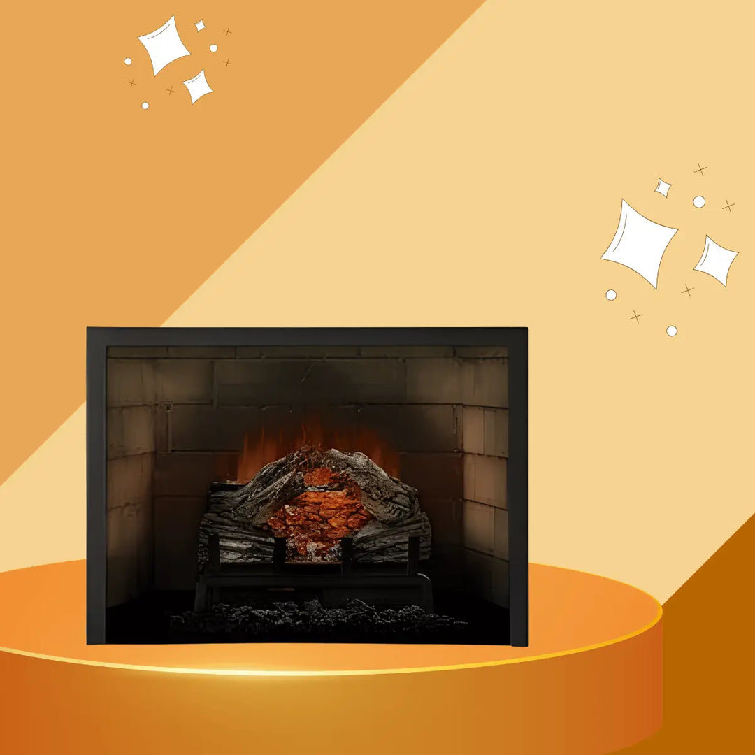 Napoleon Woodland Series fireplace insert with realistic glowing logs, ember bed, and black surround in a traditional brick firebox.