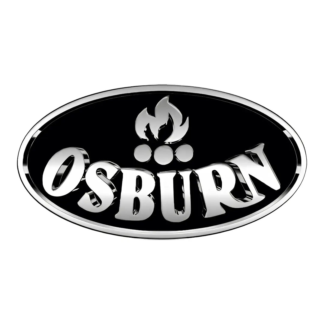 Osburn logo with chrome lettering and flame icon on black oval, representing high-quality wood stoves and fireplace collection.