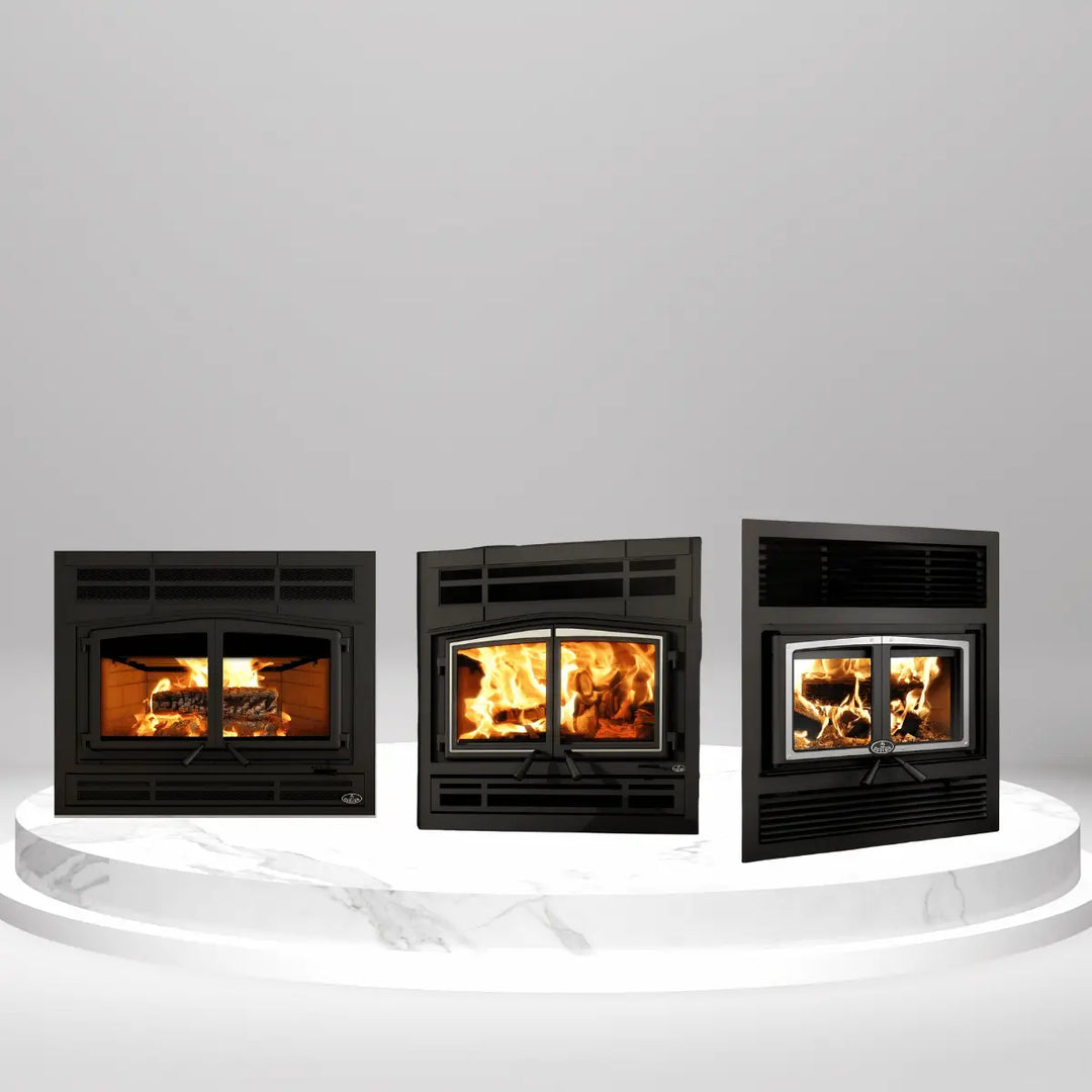 Osburn wood fireplaces with glass doors and burning logs, displayed on marble platform, showcasing high-efficiency home heating collection.