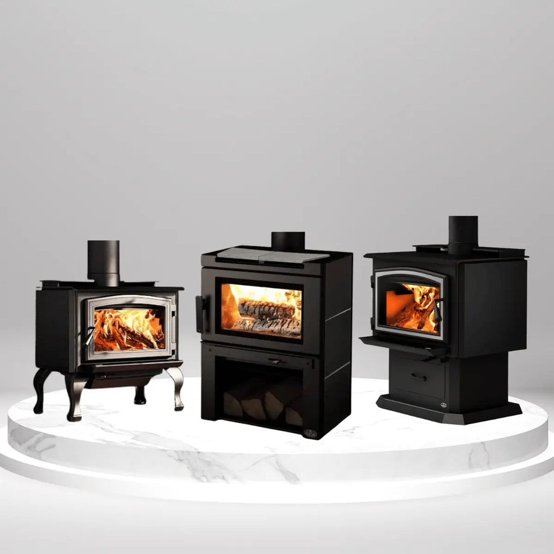Osburn wood stoves with glass fronts and burning logs, displayed on marble platform, showcasing efficient home heating stove collection.
