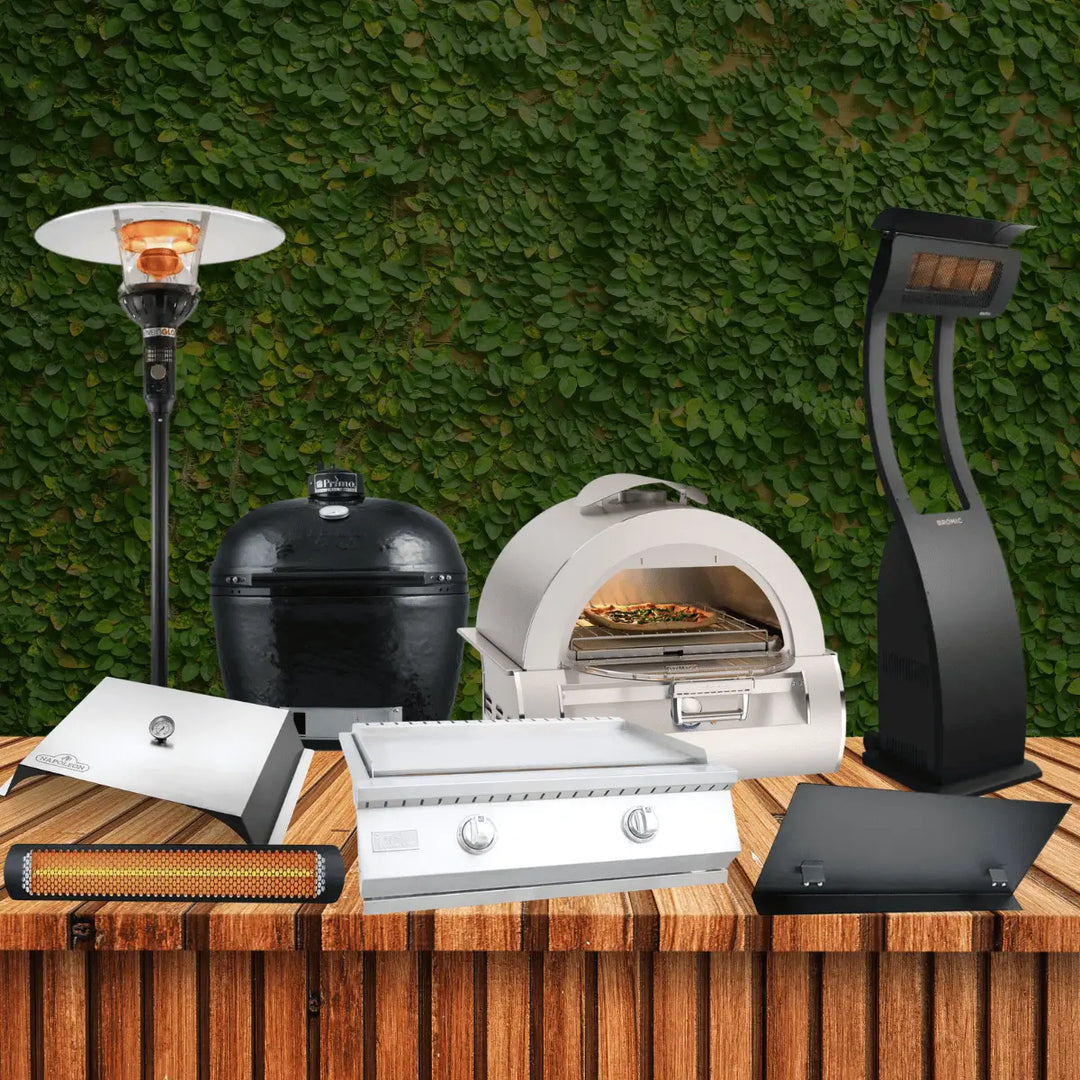 Outdoor collection with pizza oven, kamado grill, flat top griddle and patio heaters on deck for outdoor cooking and entertaining.