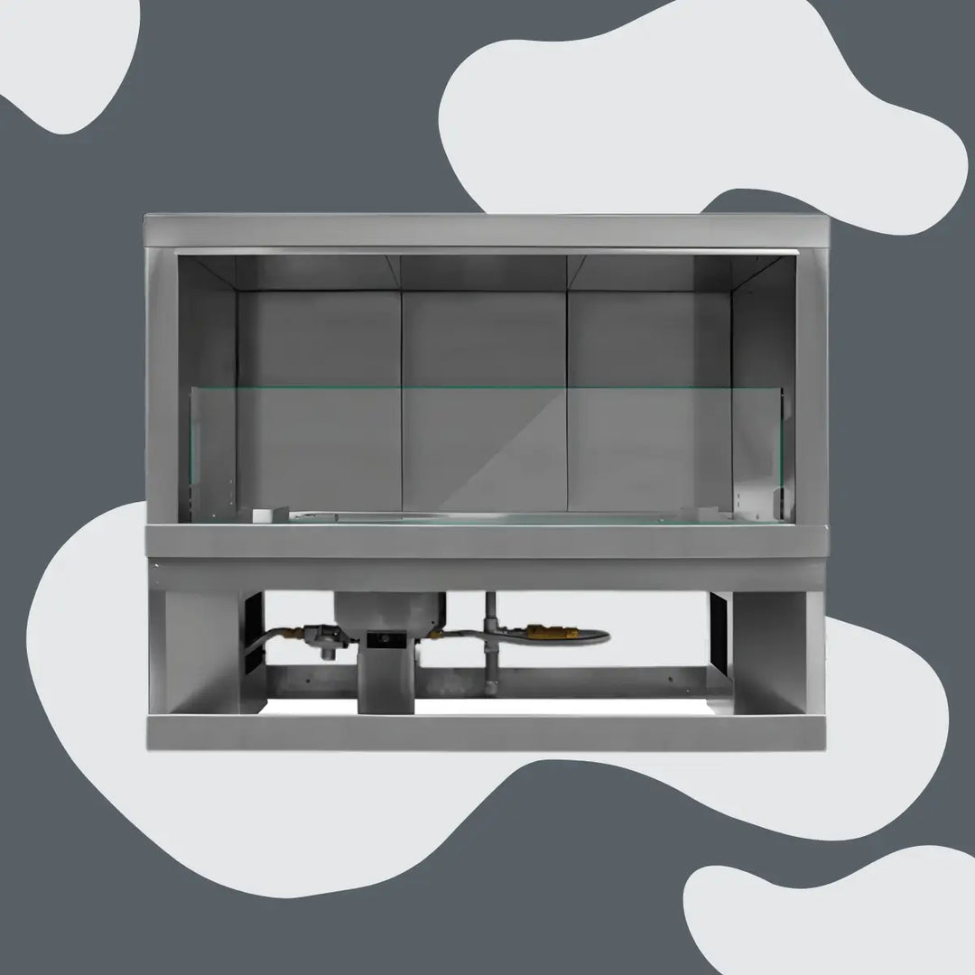 Renaissance Cooking Systems outdoor gas fireplace featuring a stainless steel rectangular firebox with glass wind guard and visible burner assembly, designed for modern outdoor living spaces.