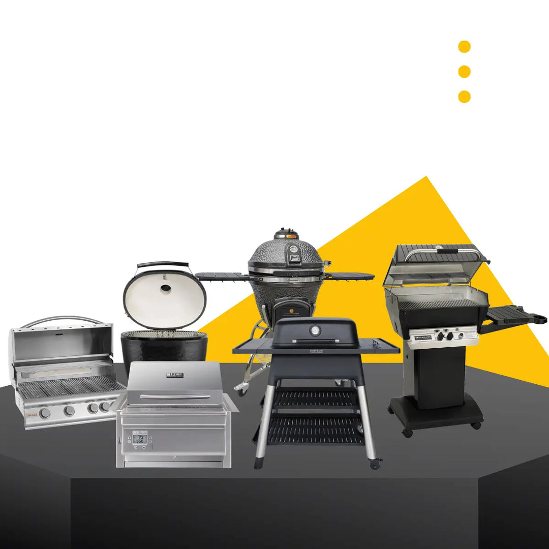 Outdoor grills collection with gas, charcoal, and kamado grills in stainless steel and modern BBQ cooking setup display.