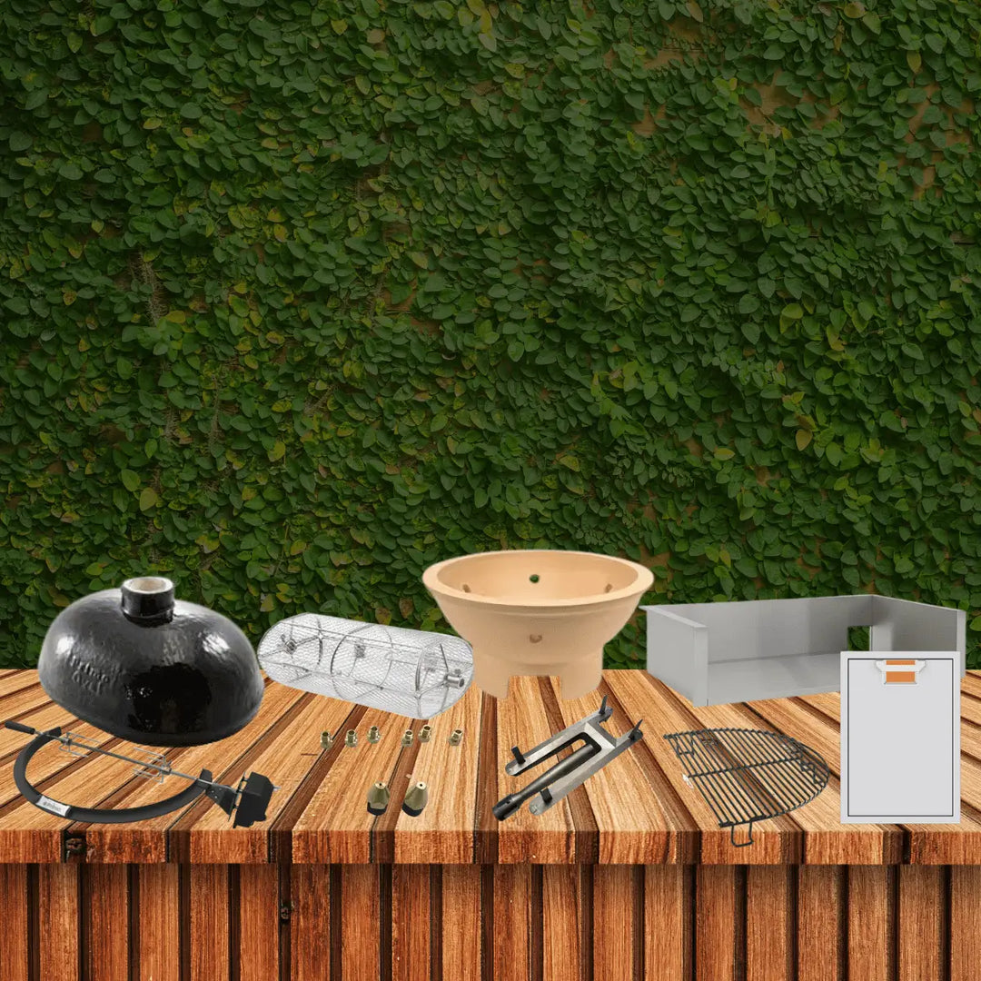 Outdoor kitchen equipment collection with grill accessories, ceramic dome, rotisserie basket, burner parts, and stainless steel components.