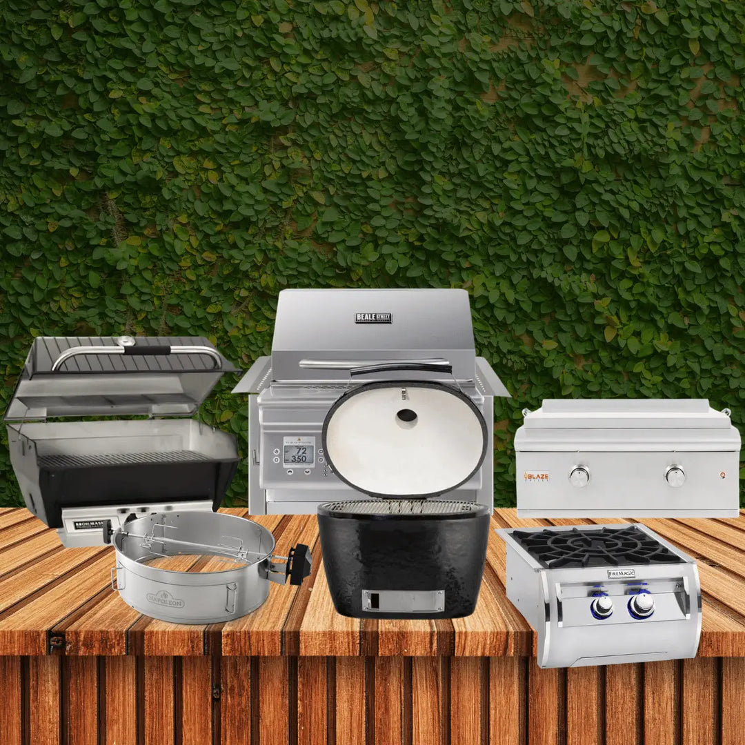 Outdoor living collection with gas grills, kamado grill, griddle, cooktop burner, and premium BBQ appliances for outdoor cooking setup.