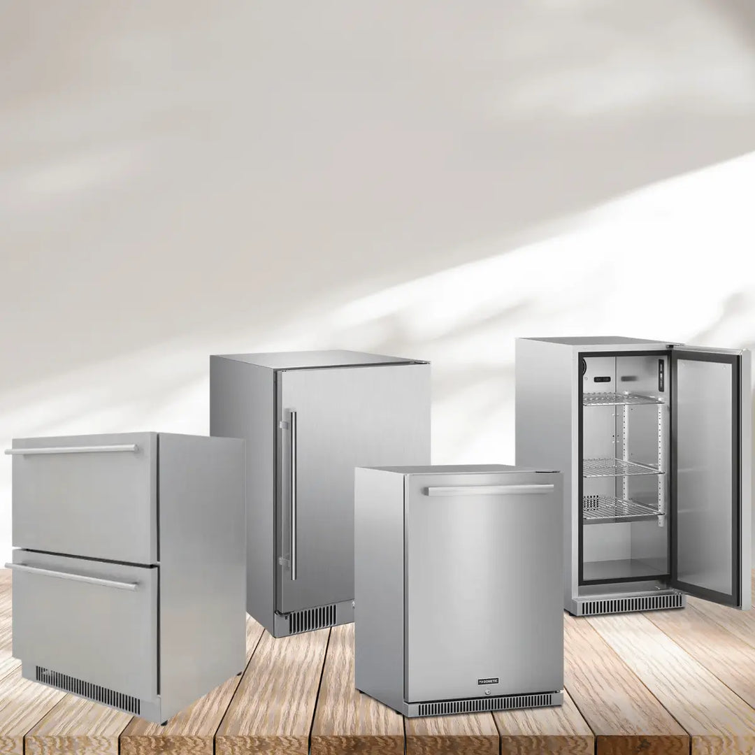 Outdoor refrigerators collection with stainless steel compact fridges, double drawer unit, and glass door cooler for outdoor kitchen use.