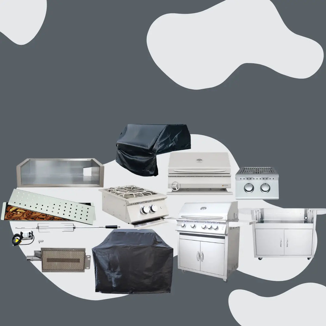 Renaissance Cooking Systems Premier Series collection featuring stainless steel grills, grill carts, side burners, grill covers, rotisserie kit, smoker box, and outdoor kitchen accessories for complete backyard cooking setups.